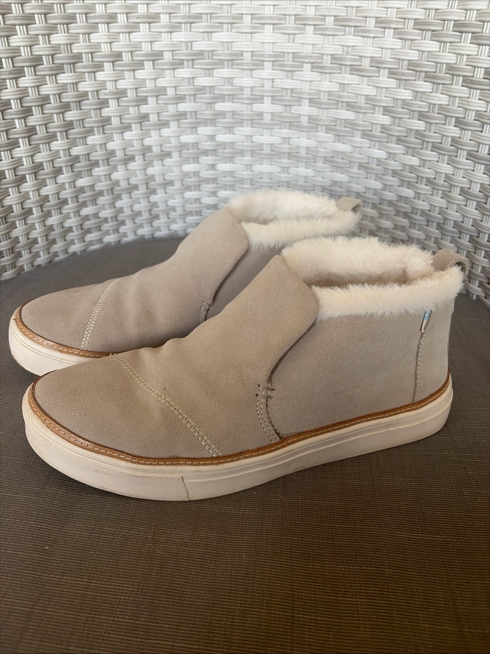 Toms Beige Suede Ankle Booties with Shearling Trim
